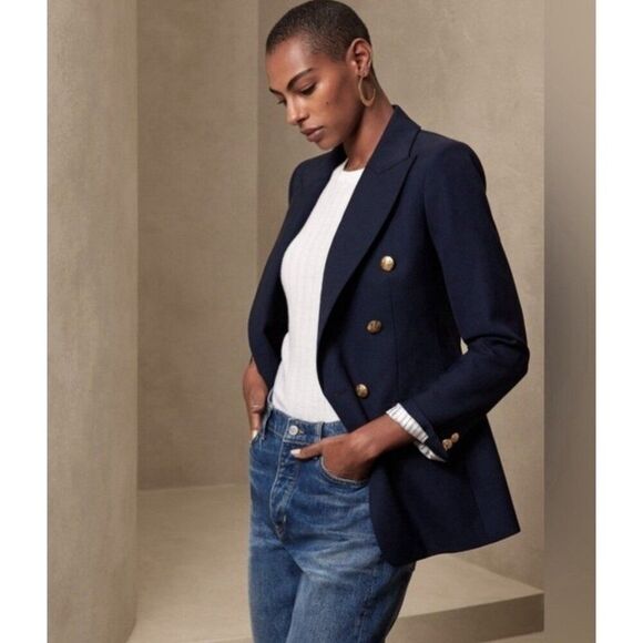 Banana Republic Icon Captain Blazer Navy Blue Lion Gold Buttons 2 Petite Xs - Picture 2 of 10